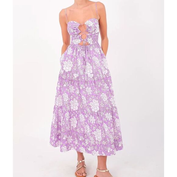 DESERT QUEEN Isabella Floral Tiered Midi Dress Purple NWT 36 - Picture 1 of 6
